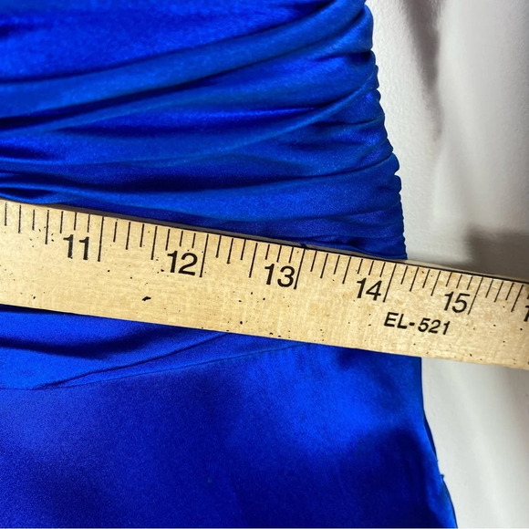 Vintage Cache Silk Dress Halter Scarf Hem Y2K Fairy Retro Ruched Prom Cerulean - Picture 13 of 13